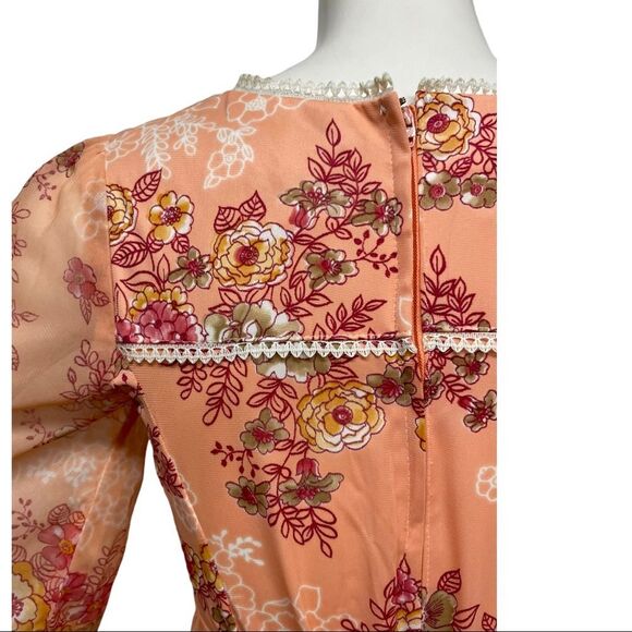 Vintage 70s Peach Floral Lace Trim Maxi Dress Goddess Cottage Core Gown XS S 2 4 - Picture 11 of 16